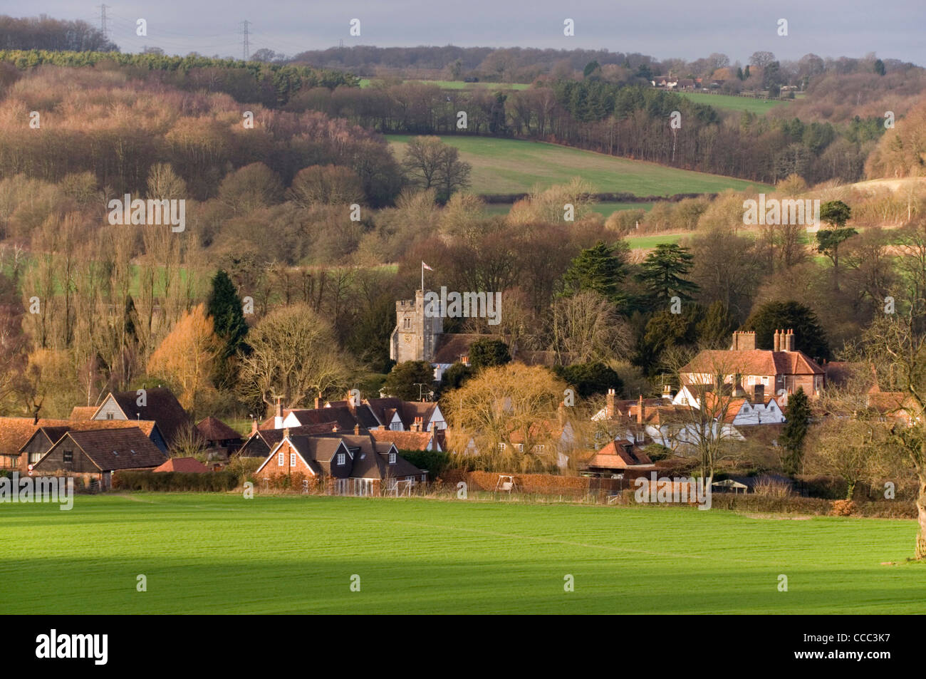 Chiltern Hills - Crassier - Buckinghamshire - vu à travers champs - soleil d'hiver - la fin de l'après-midi Banque D'Images