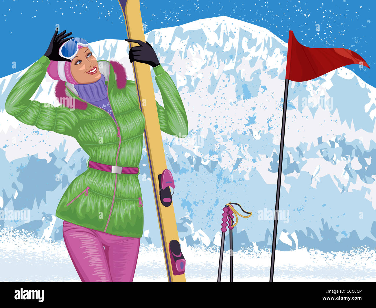 Illustration d'un skieur magnifique avec les skis en haut de la montagne enneigée Banque D'Images