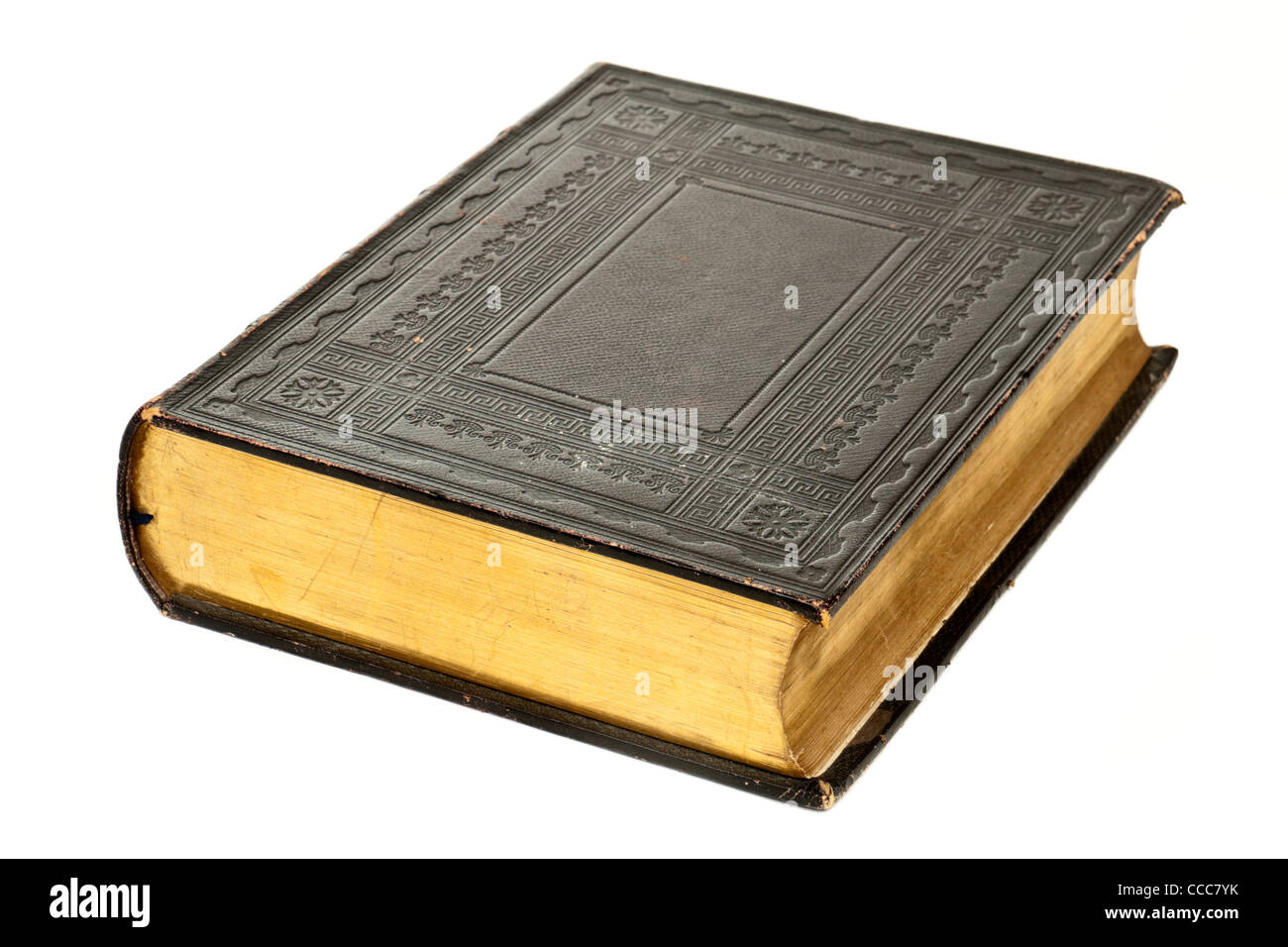 1865 Anglais leatherbound Antique church bible avec bords dorés, contenant la page de l'Ancien et du Nouveau Testament chrétien Banque D'Images
