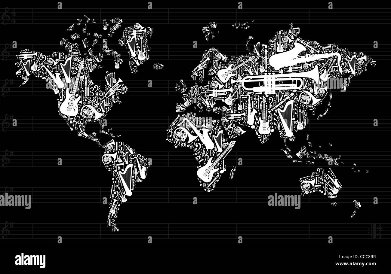 Monde carte du monde d'ossature fait avec des instruments de musique Icon Set en fond noir. Fichier vecteur disponible Banque D'Images