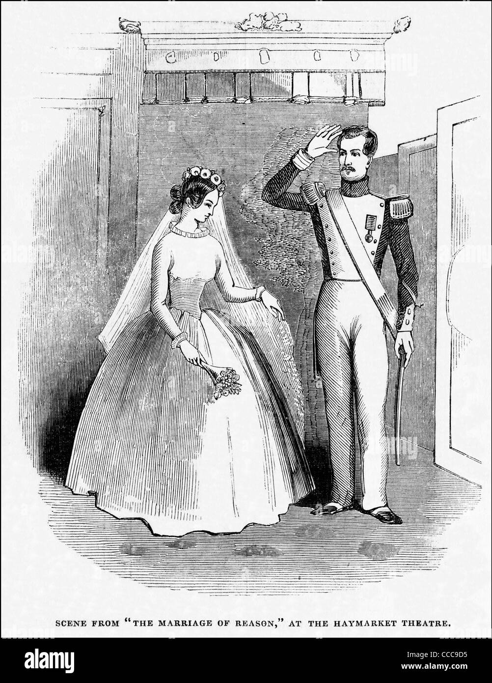 La gravure de l'époque victorienne circa 1844 scène du mariage de raison à l'Haymarket Theatre London England UK Banque D'Images