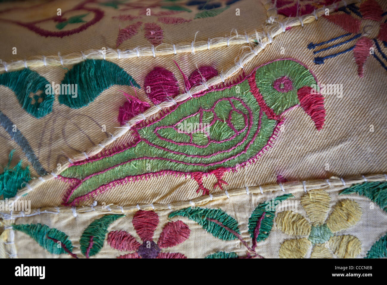 Détails de textiles, représentant des paons et perroquets, à Jodhpur, au Rajasthan, Inde Banque D'Images