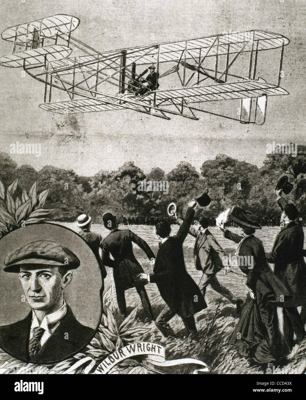 Wilbur Wright (1867-1912). L'aviateur américain. Avion survolant le domaine Anvours (France). L'illustration. Banque D'Images