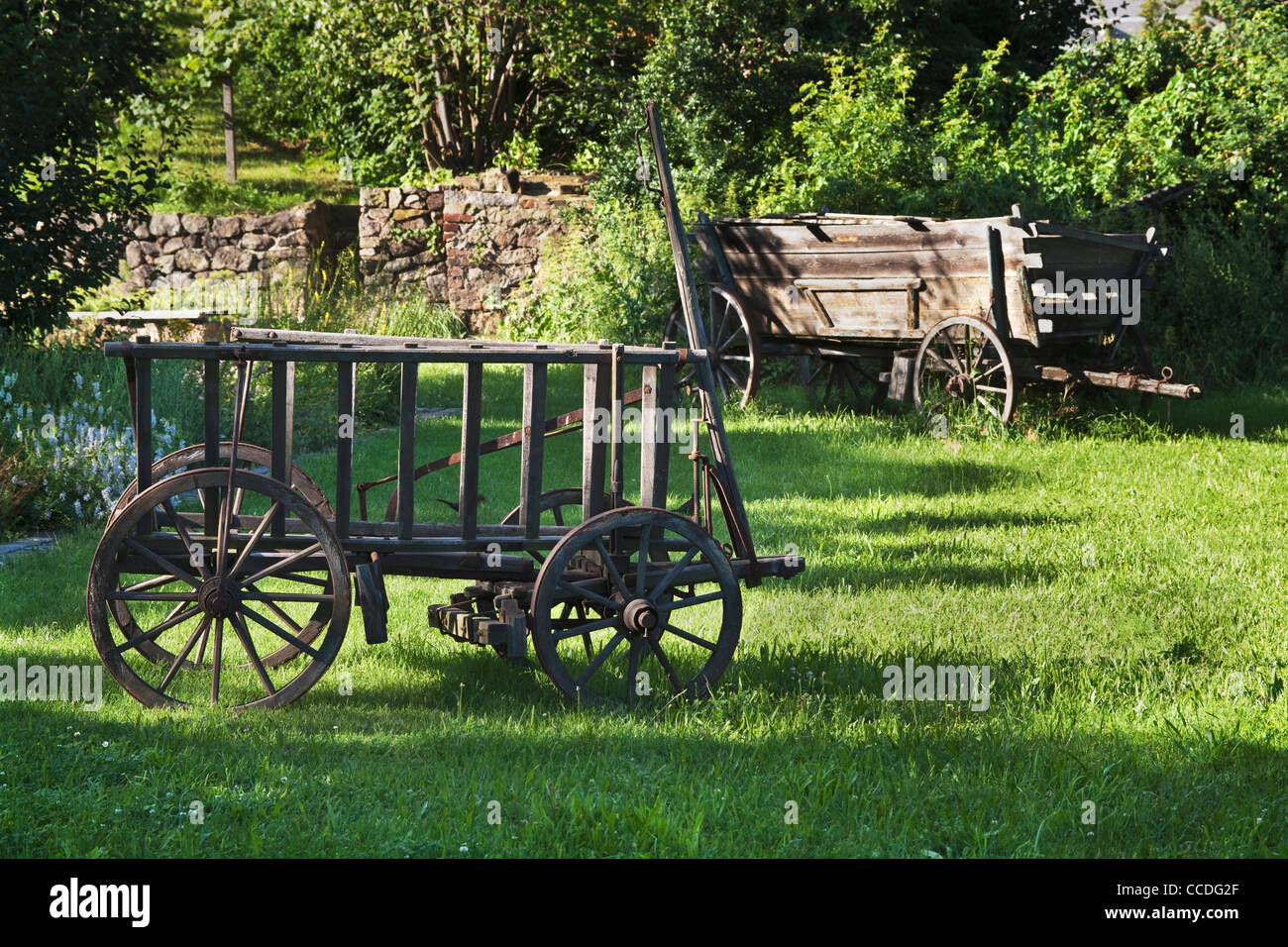 Detailansicht von zwei Leiterwagen auf einer Wiese | photo de détail deux charrettes de foin de prairie à Banque D'Images