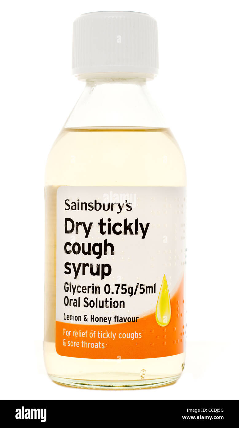 Bouteille de Sirop contre la toux sèche Sainsburys tickly avec glycérine Banque D'Images