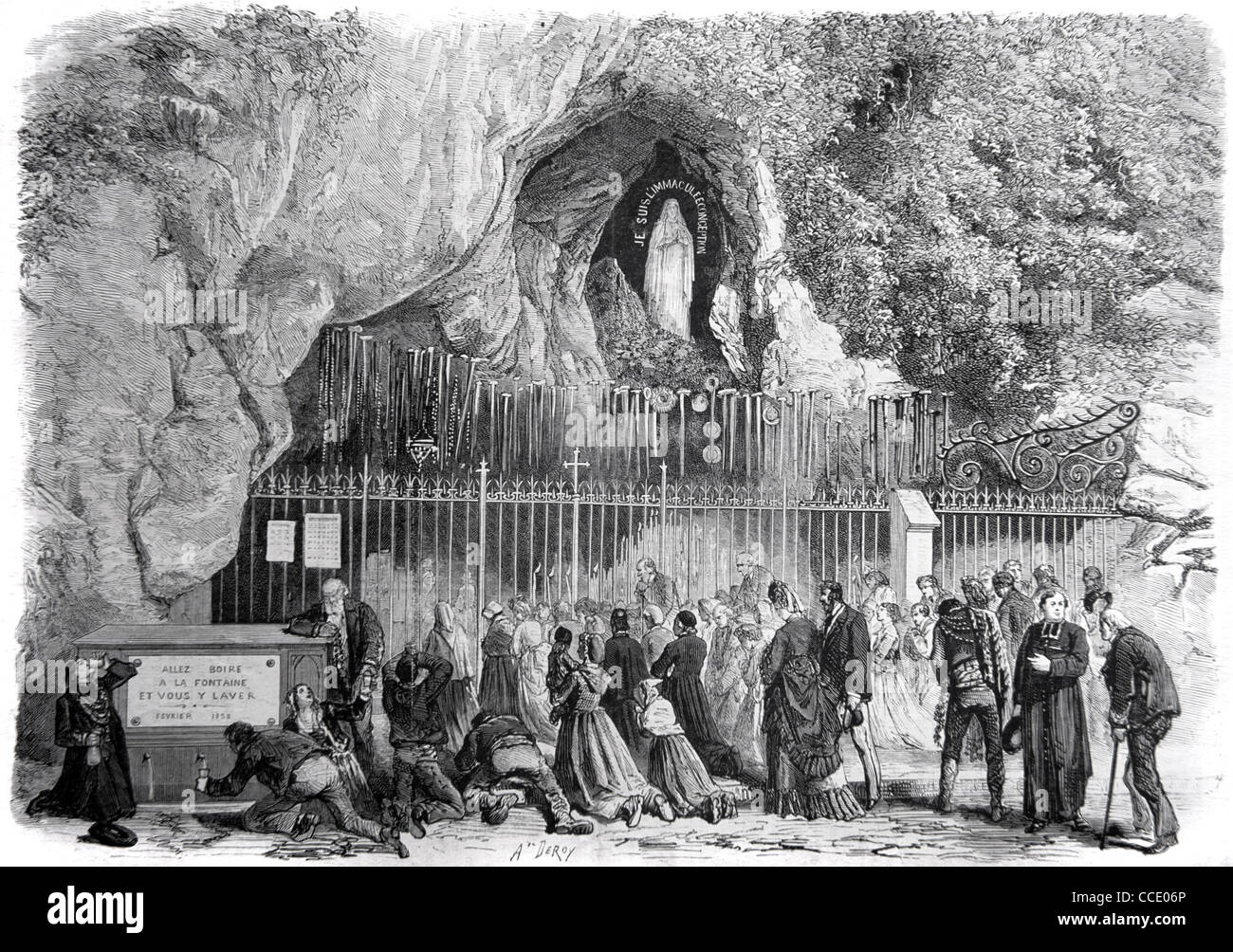 Pèlerinage ou pèlerins chrétiens dans la Grotte de Lourdes, Hautes-Pyrénées, France. 1872 gravure ou illustration ancienne Banque D'Images