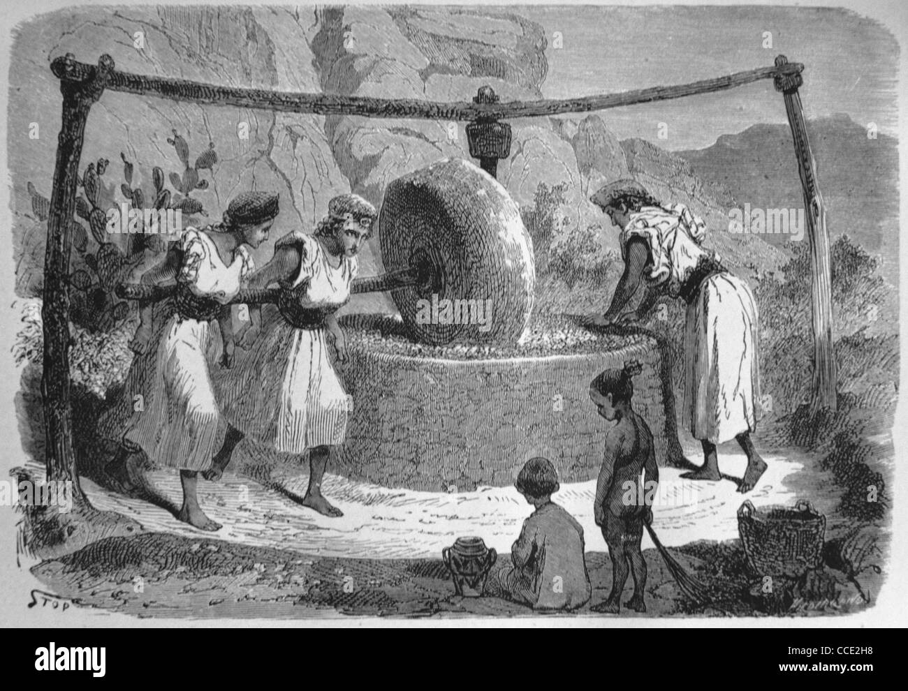 Moulin à olives ou presse à olives, Kabylie ou Kabylie, nord de l'Algérie, alimenté par l'homme ou ancien manuel. Illustration ancienne ou gravure Banque D'Images