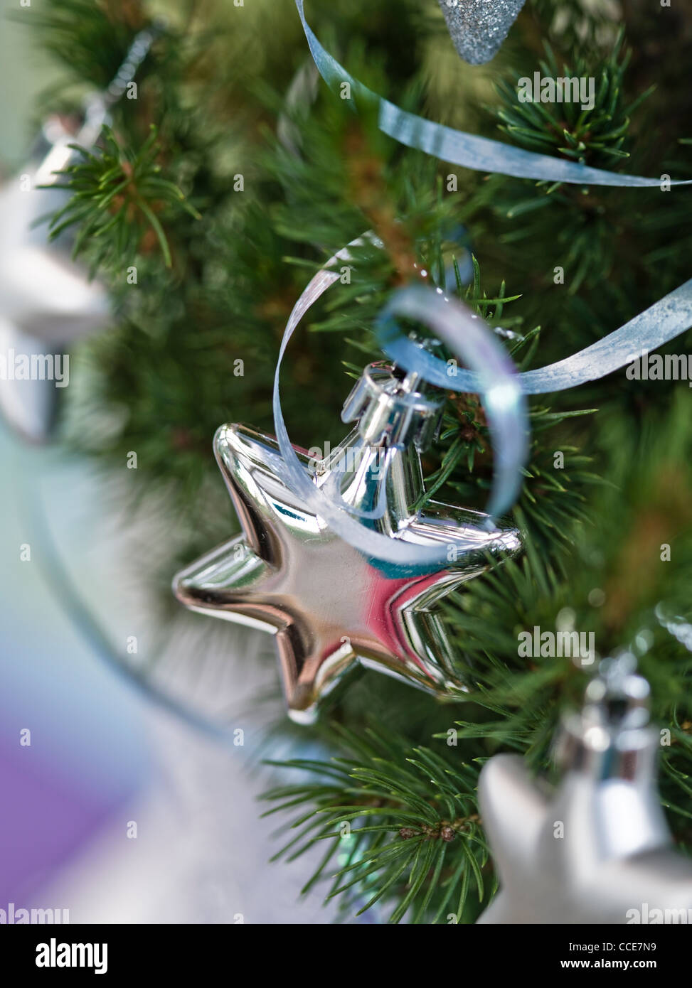 Close-up of silver star décoration sur le petit sapin de Noël en pot, selective focus Banque D'Images