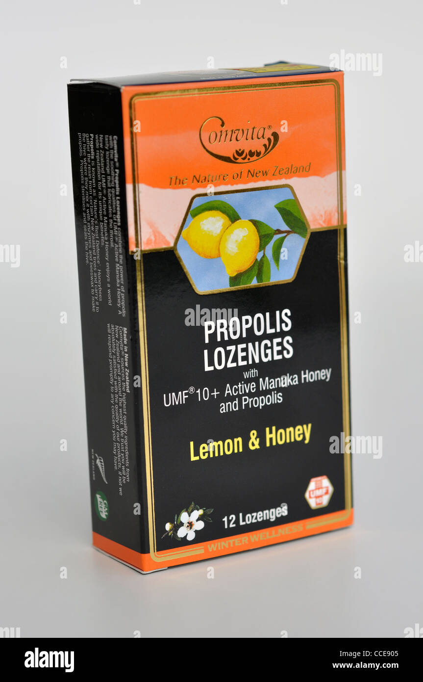 Les pastilles de propolis au miel de Manuka avec Banque D'Images