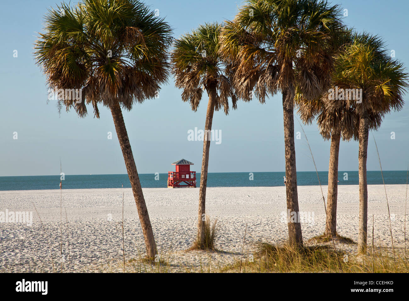 La station de sauvetage rouge sur le sable blanc de poudre célèbre Siesta Key Beach, Sarasota en Floride Banque D'Images