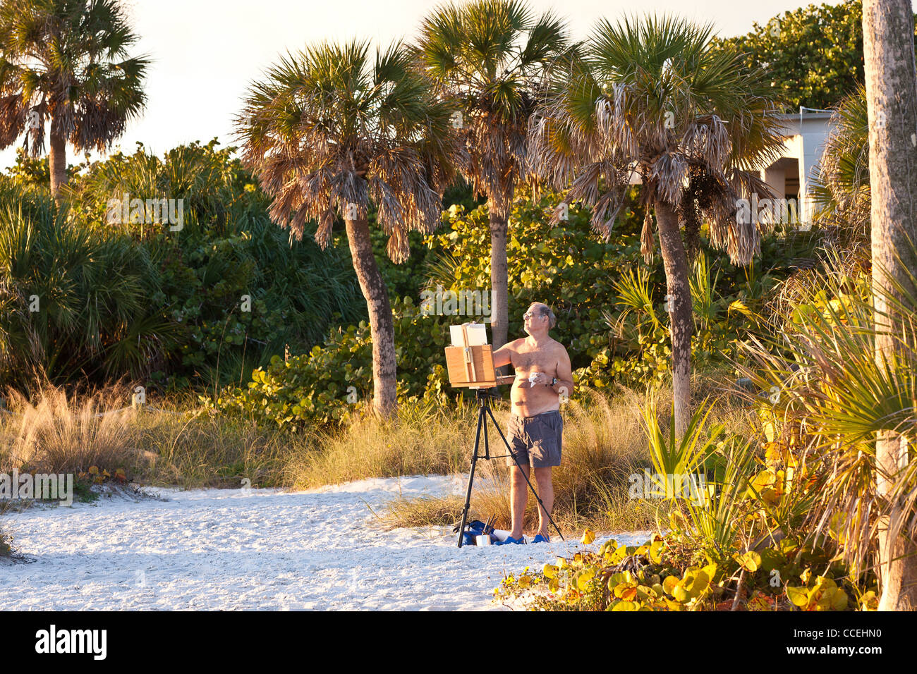 Un artiste peint une scène sur la fameuse Siesta Key Beach, Sarasota en Floride Banque D'Images