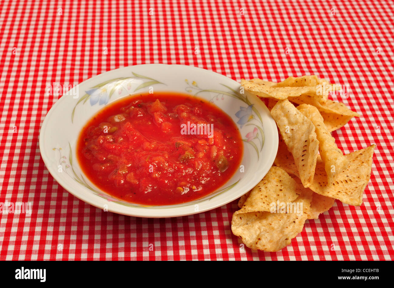 L'intestin de la salsa et les croustilles de maïs sur un rouge et blanc table cloth. Banque D'Images
