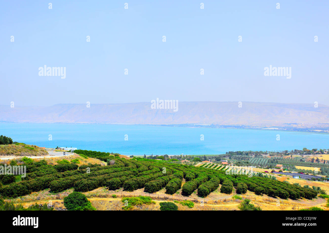 Mer de Galilée (lac de Tibériade) et les hauteurs du Golan en arrière-plan. Israël Banque D'Images