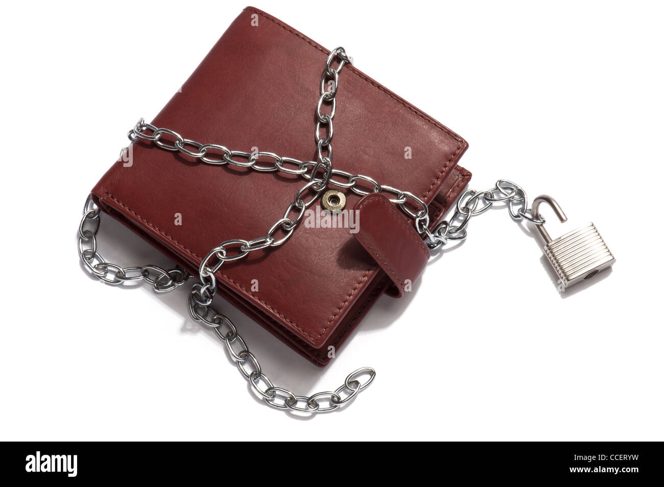 Un portefeuille en cuir marron avec chaîne et cadenas déverrouillé Banque D'Images