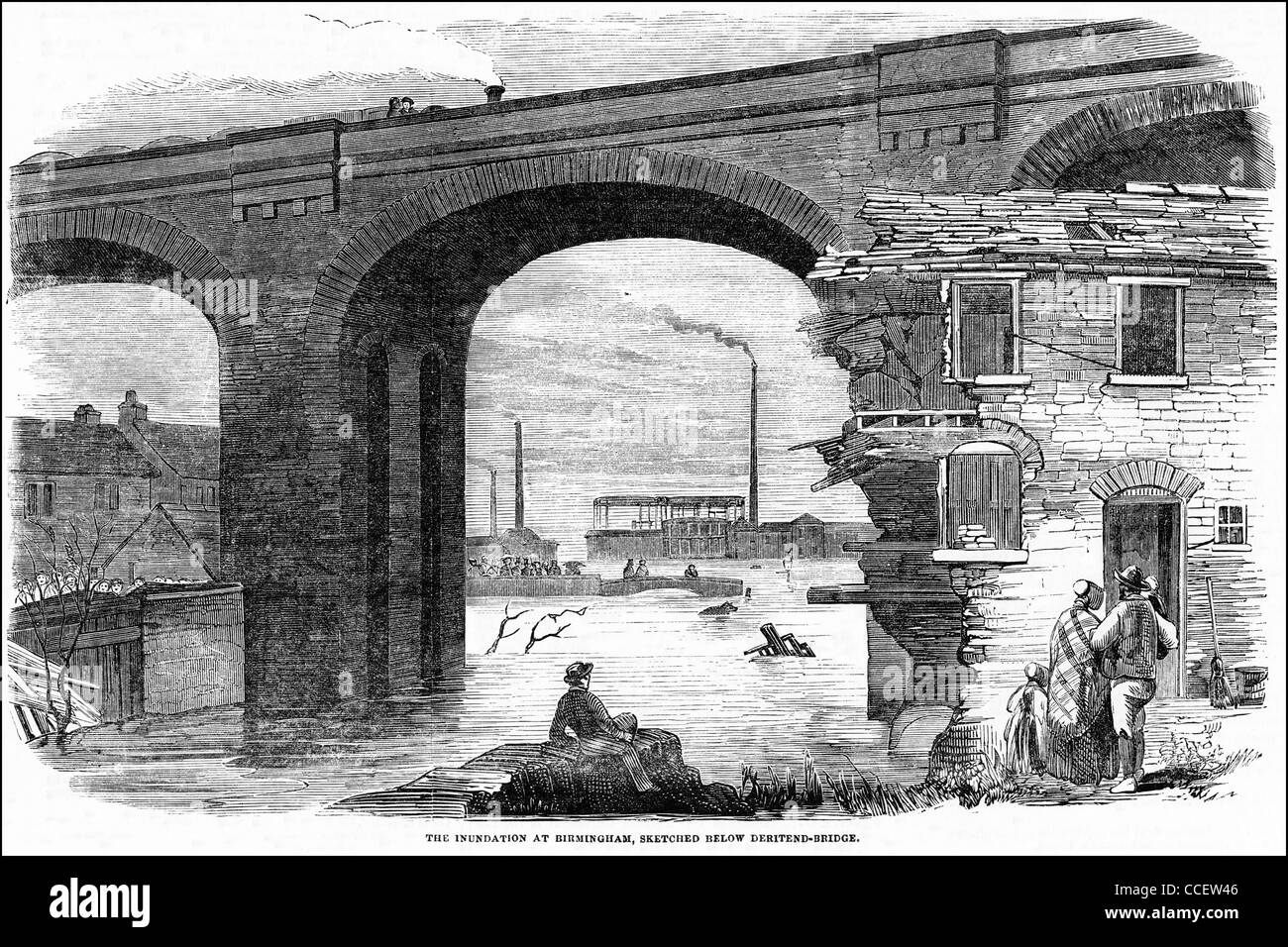 Circa 1852 gravure victorienne vue d'inondations Deritend ci-dessous Pont dans Birmingham England UK Banque D'Images