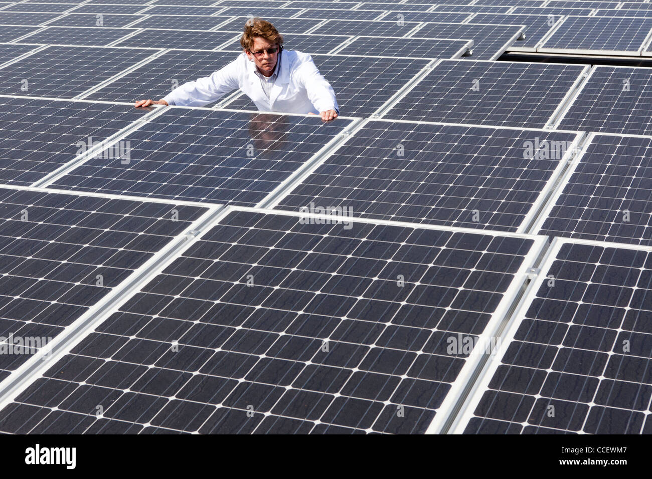 L'homme l'arpentage des panneaux solaires Banque D'Images