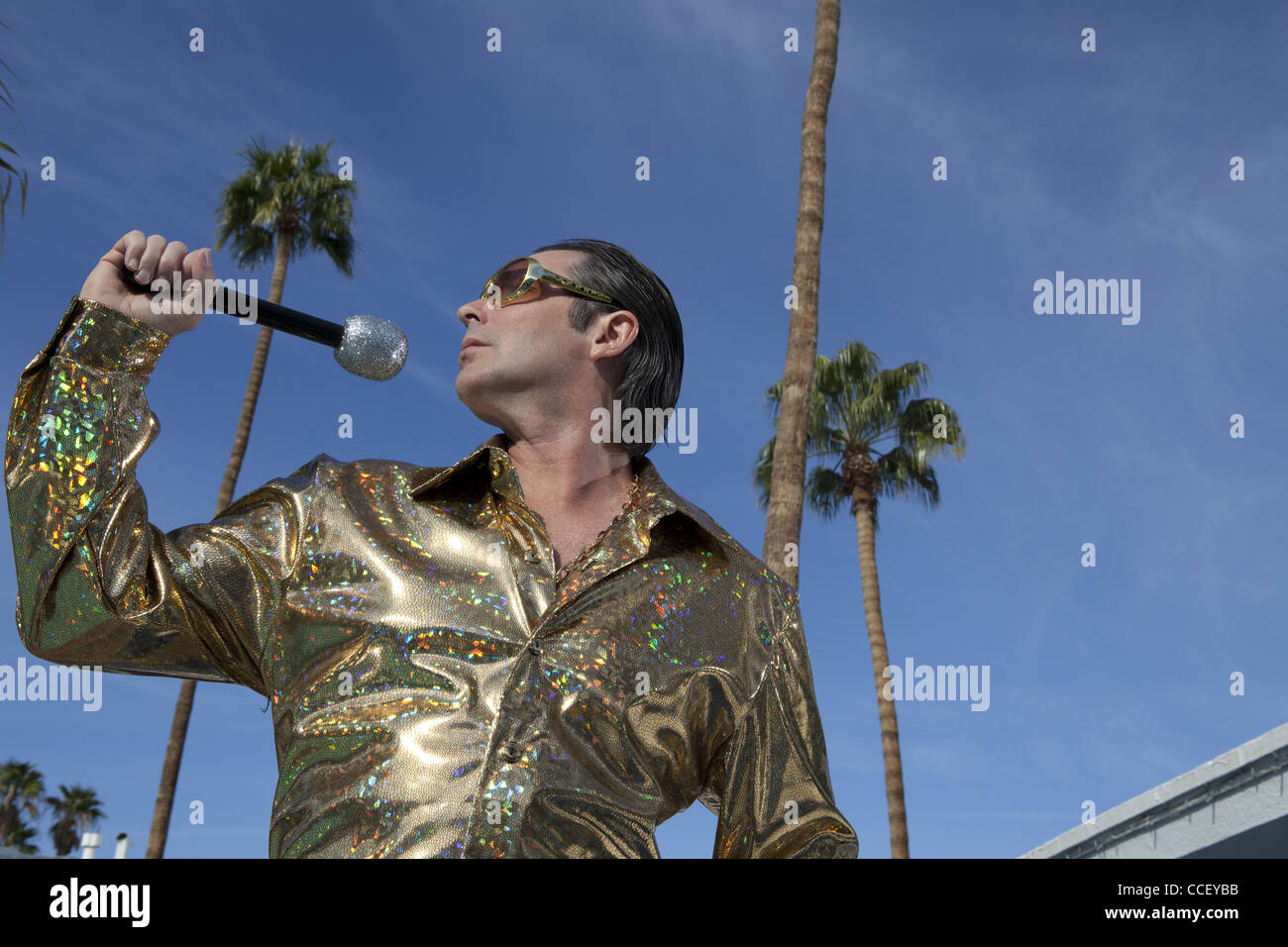 Voir le profil de middle-aged man posing with microphone Banque D'Images