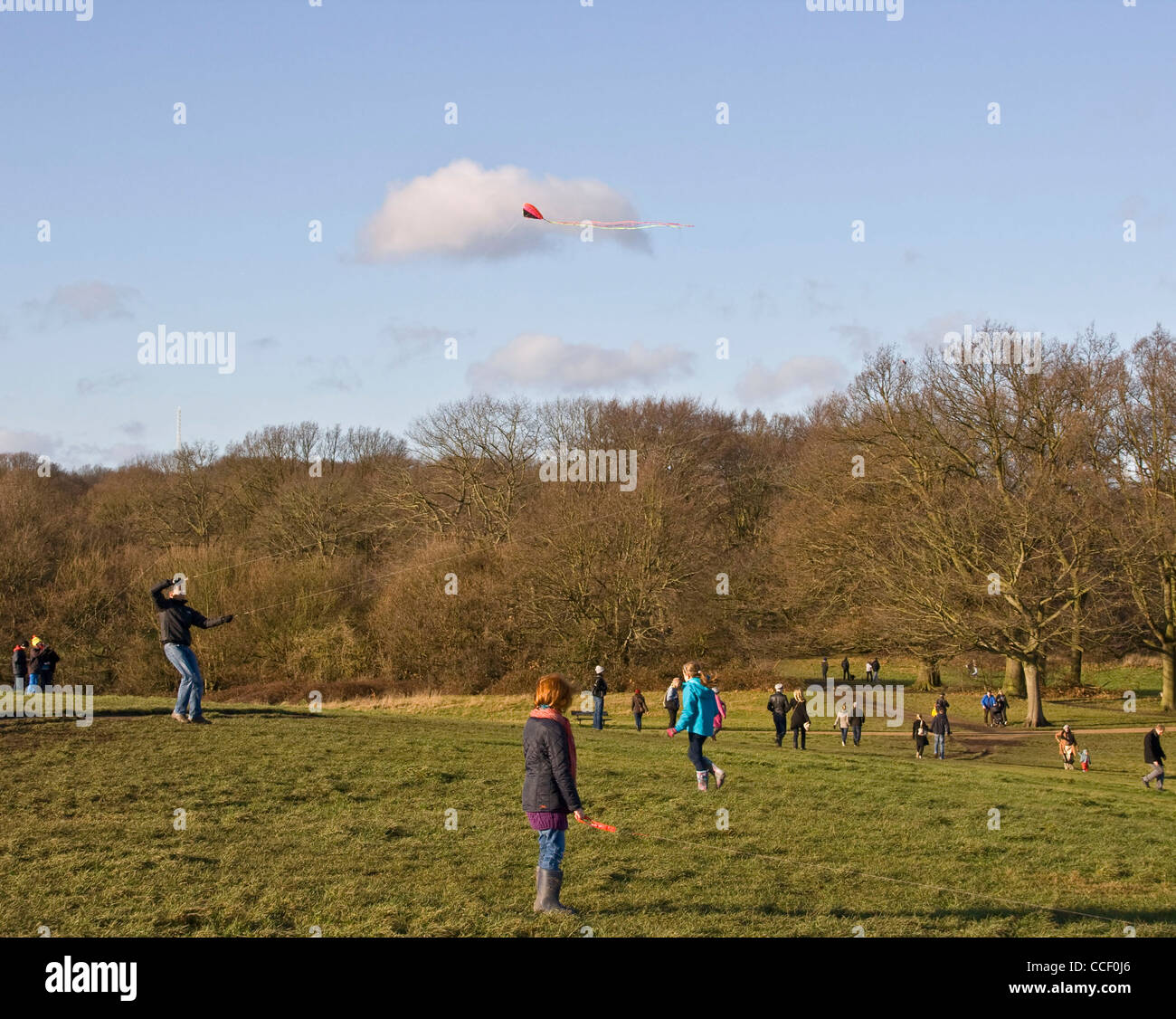 Les gens avec des cerfs-volants et profiter de temps de loisirs sur Hampstead Heath Londres Angleterre Europe Banque D'Images