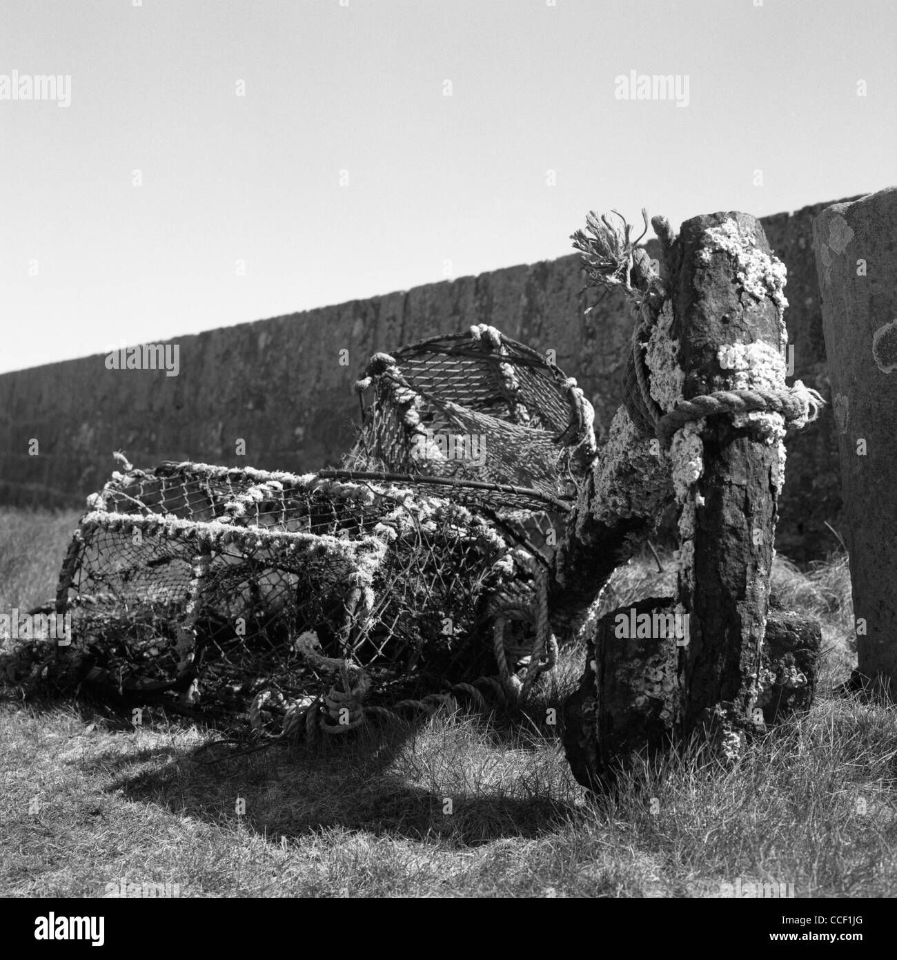 Une vieille ancre incrustée de balanes et casiers à homards sur un quai à proximité de la ville de Thurso, côte nord de l'Ecosse. Banque D'Images