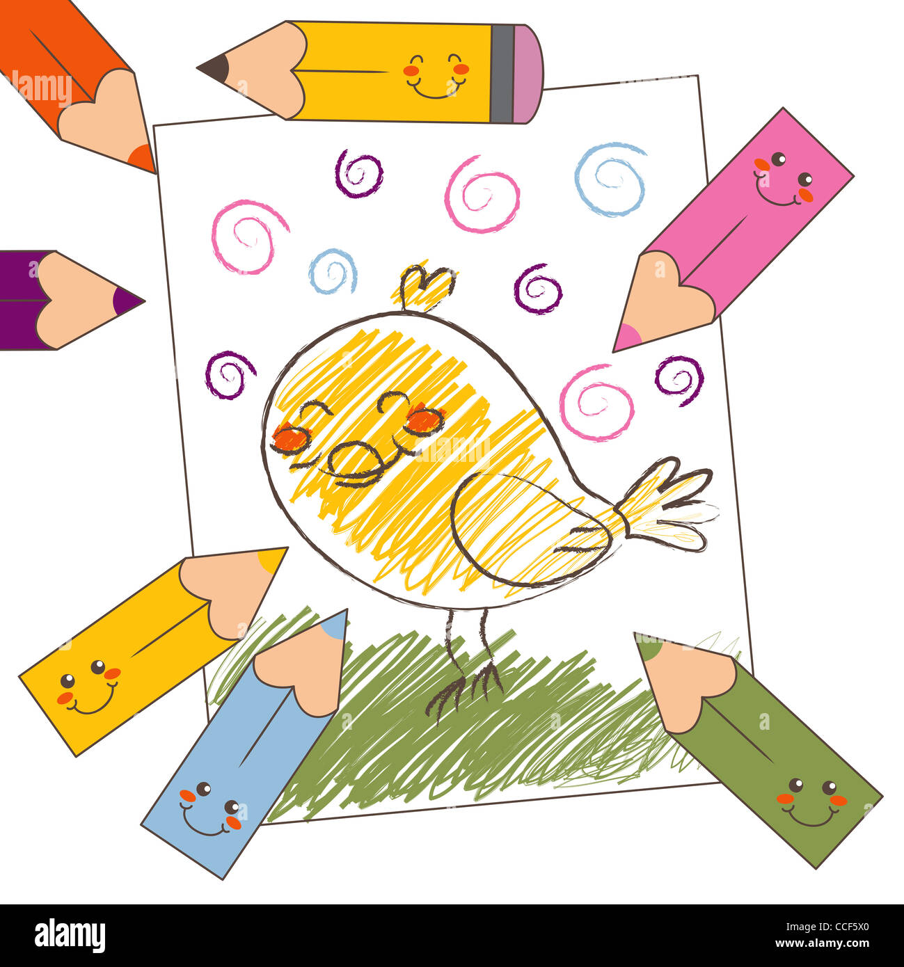 Dessin Au Crayon De Couleur De Loiseau Au Style Enfantin