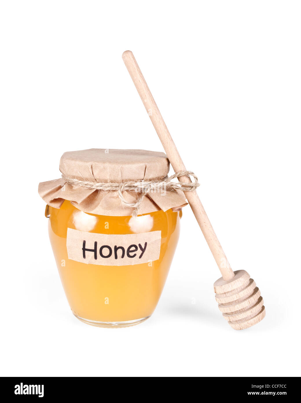 Pot de miel en verre avec un drizzler isolated on white Banque D'Images
