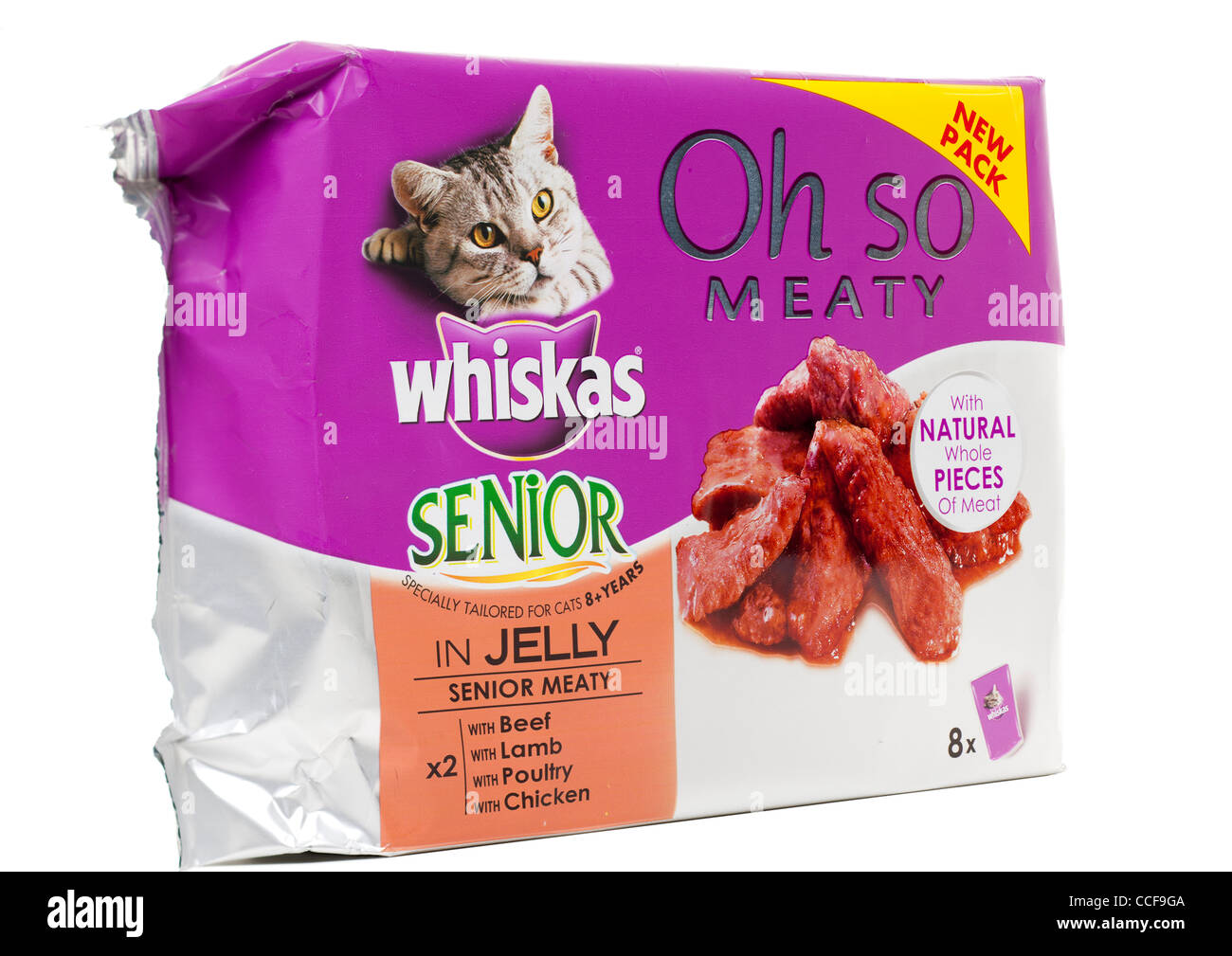 Pack de 8 portions individuelles de haute Whiskas OH si Viandé cat food in jelly Banque D'Images