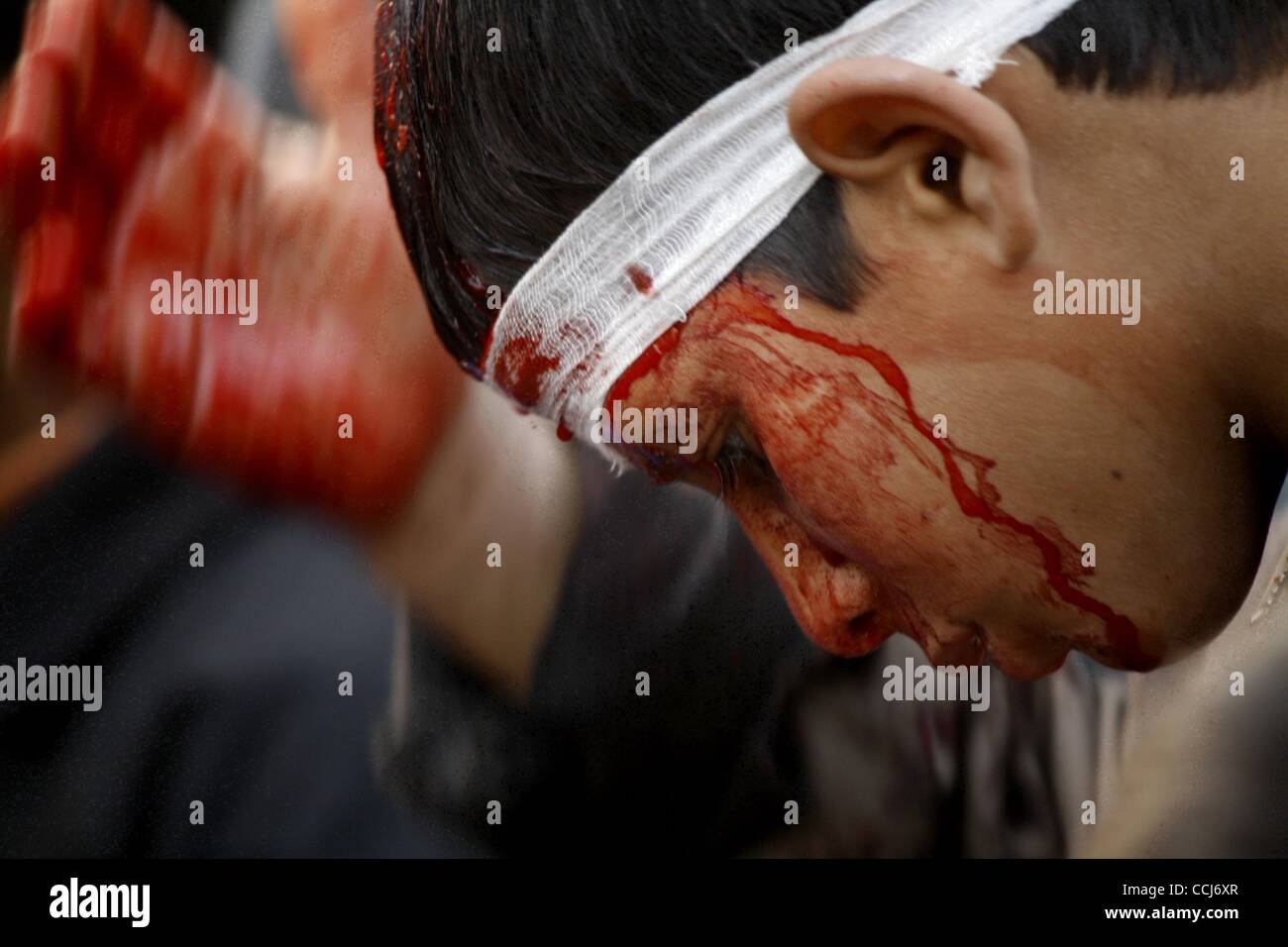 Dec 14, 2010 - Cachemire, Srinagar, Inde - Cachemire un garçon musulman chiite lui-même avec des couteaux flagellés liée à une chaîne pendant Mouharram procession à Srinagar, la capitale d'été du Cachemire indien. Les musulmans du monde entier pleurent l'assassinat de l'Imam Hussein, petit-fils du prophète Mohammad, au cours de la Banque D'Images