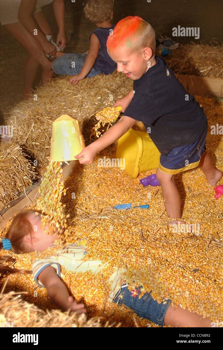 Sep 11, 2004 - Cincinnati, Ohio, USA - à l'âge de cinq ans, Cody, SCHEUERMANN déverse un seau de maïs sur Jennifer Davis, de Bridgetown, dans une tentative pour l'enterrer, à l'exposition 4H tente. (Crédit Image : Â© Ken Stewart/ZUMA Press) Banque D'Images