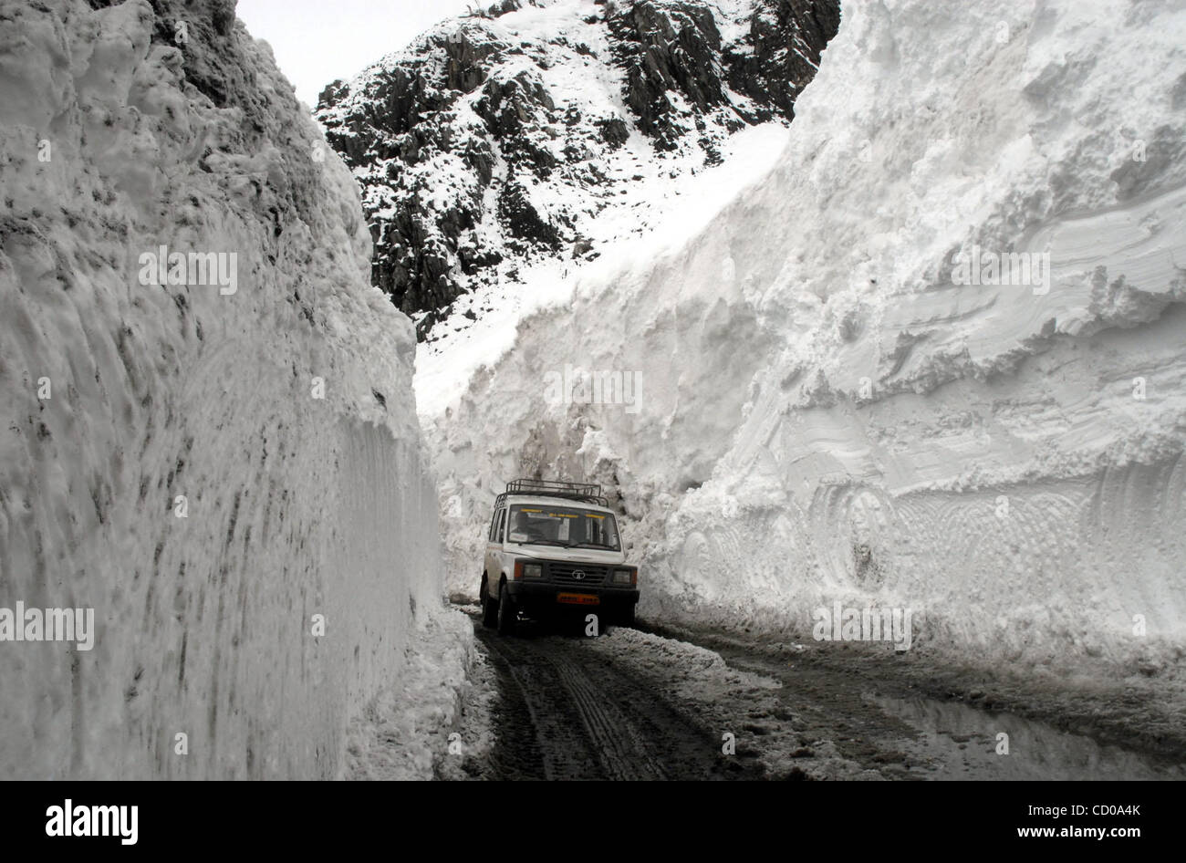 Entraînement des véhicules entre murs de neige après l'Srinagar-Leh route sera ouverte à la circulation en Zojila, 108 km (67 milles) à l'est de Srinagar, le 15 avril 2008. Les 443 km (275 miles) de long route a été ouverte par les autorités de l'armée indienne pour le trafic sur le mardi après être resté snowbound à Zojila, passe moi 3 530 Banque D'Images