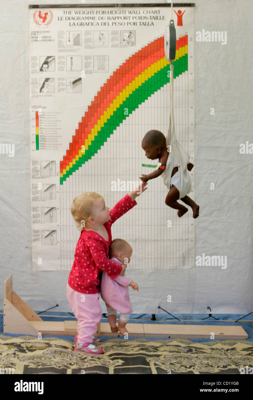 Le 6 Novembre 08 San Diego Californie Usa Anna Dopson 19 Mois A Emprunte Un Baby Doll De L Ecran A Propos De La Malnutrition De La Tente Tout En Tendant La Main