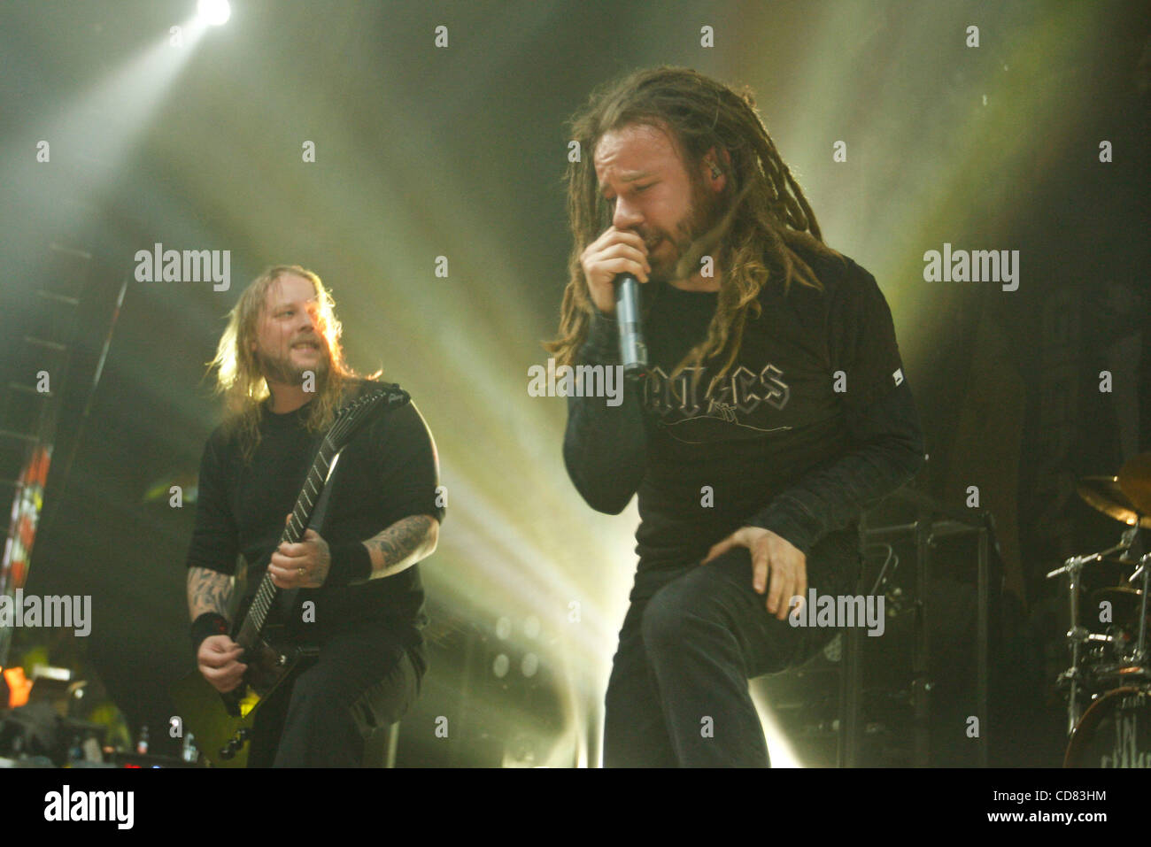 En flammes qui se produiront au Hammerstein Ballroom au cours Gigantour le 22 avril 2008. Anders Fridén - chant (redoute) Jesper Strömblad - guitare, blonde avec de longs cheveux Björn Gelotte - guitare , cheveux courts avec barbe. Peter Iwers (basse) Daniel Svensson - batterie Banque D'Images