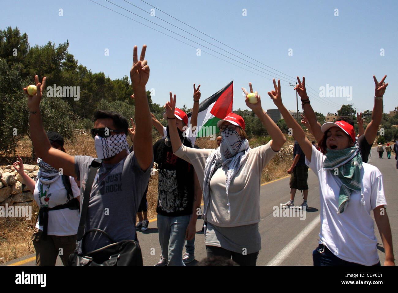 Des manifestants palestiniens et étrangers manifester contre l'occupation israélienne et les colonies le 11 juillet 2011dans le village d'Ezbet Tabeeb près de la ville cisjordanienne de Qalqiliya. Photo de Wagdi Eshtayah Banque D'Images