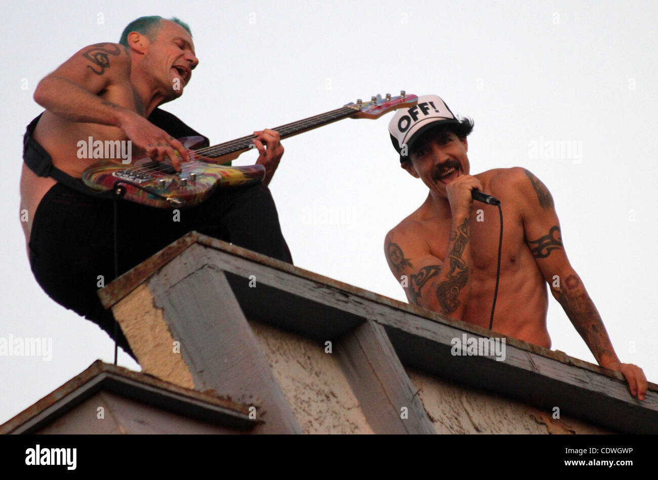 30 juillet 2011 - Venice, Californie, États-Unis - Red Hot Chili Peppers Flea les membres de la bande et Anthony Kiedis, arborant une moustache, jouer sur la plage de Venice toit au cours d'un tournage vidéo pour une chanson de l'album, ''Je suis avec vous, (Image Crédit : © Jonathan Alcorn/ZUMAPRESS.com) Banque D'Images