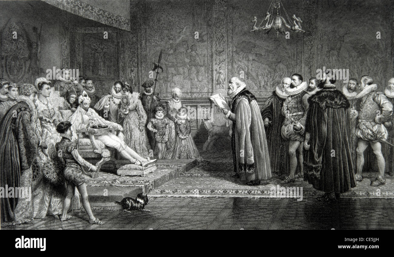 Le roi Henri III de France reçoit les ambassadeurs ou envoyés spéciaux néerlandais dans la cour royale française. xixe siècle Gravure de peinture de CJ Staniland Banque D'Images