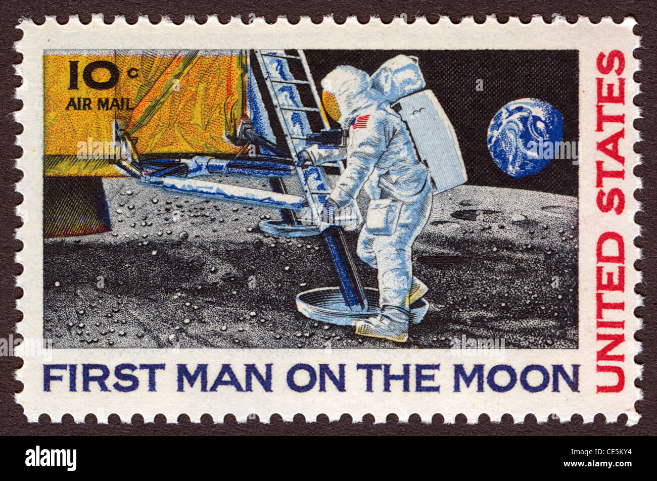 Timbre émis par les États-Unis à l'occasion de l'arrivée du premier homme sur la lune. Banque D'Images