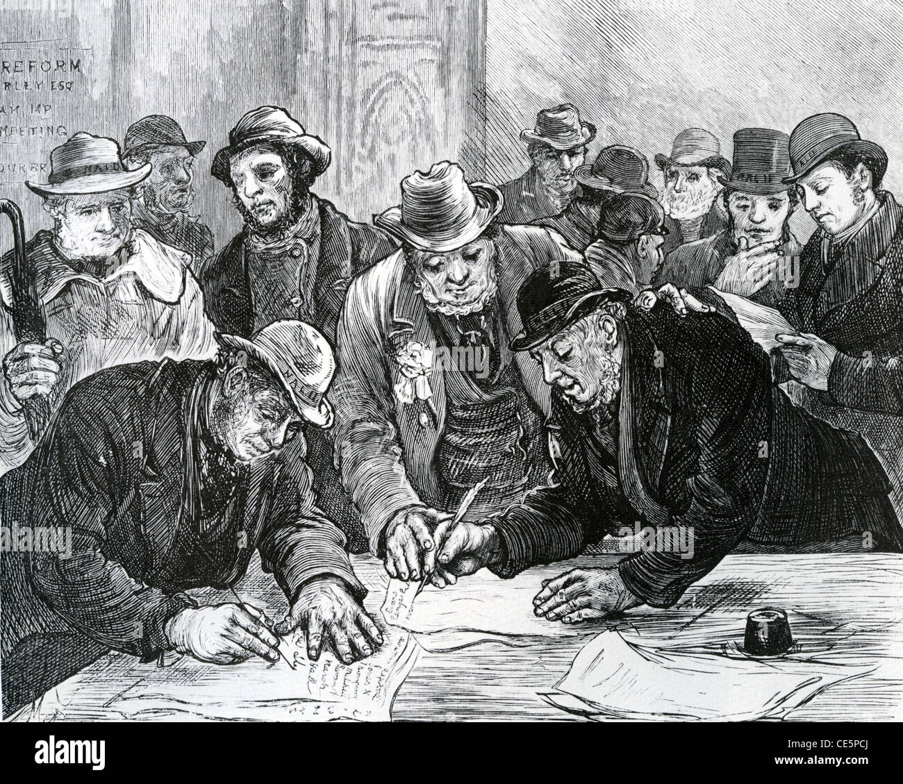 Le commerce agricole l'agriculture de l'Union européenne les délégués à la conférence 1876 de signer une pétition pour la réforme électorale dans les régions du pays Banque D'Images