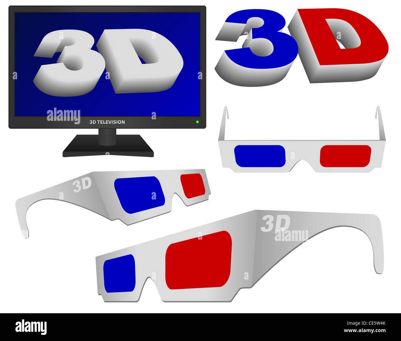 Technologie - Signe 3D, lunettes et d'une télévision Collection Banque D'Images