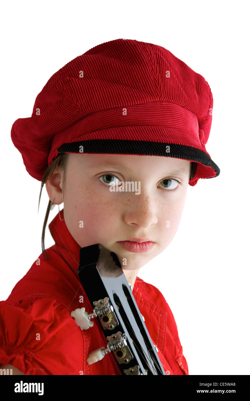 Petite fille avec Red Hat et guitare Banque D'Images