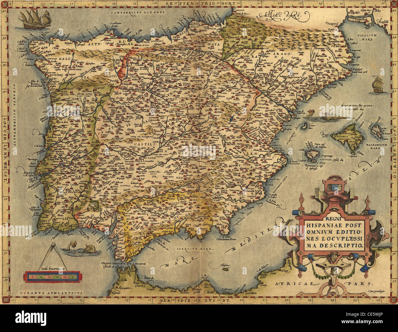 Carte antique de l'Espagne, par Abraham Ortelius, circa 1570 domaine public. Banque D'Images