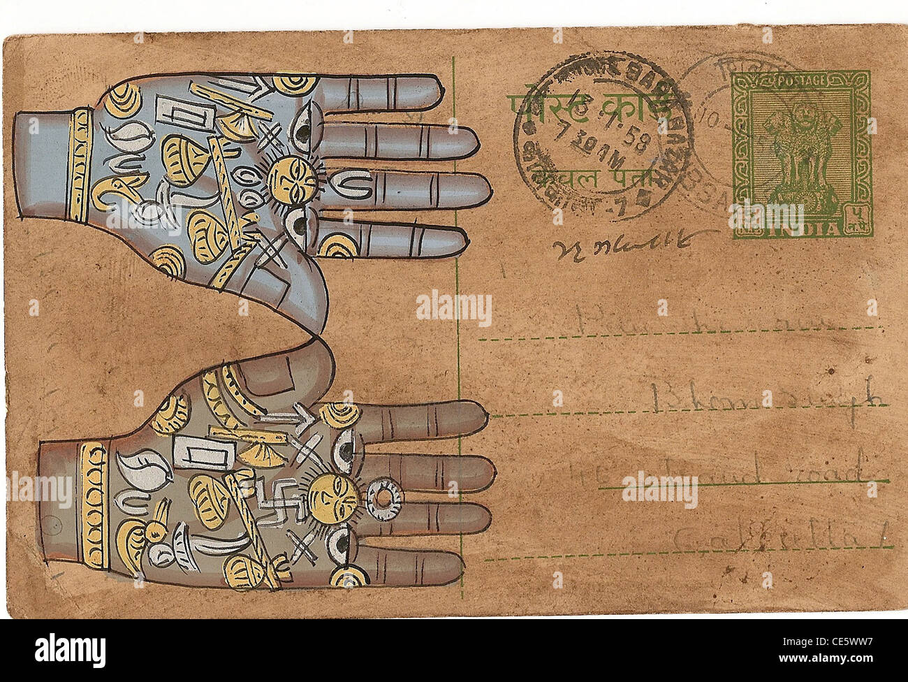 Cartes postales anciennes de l'Inde avec des ohands astrologiques et les pieds Banque D'Images