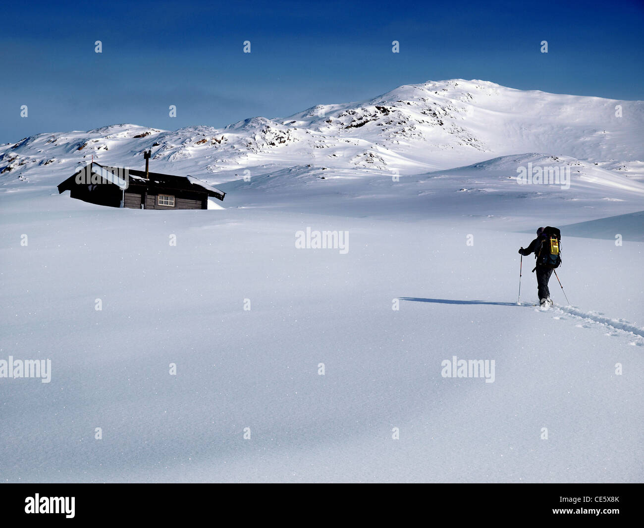 Un tourer ski norvégien à l'approche d'un refuge de montagne en hiver, la Norvège Banque D'Images