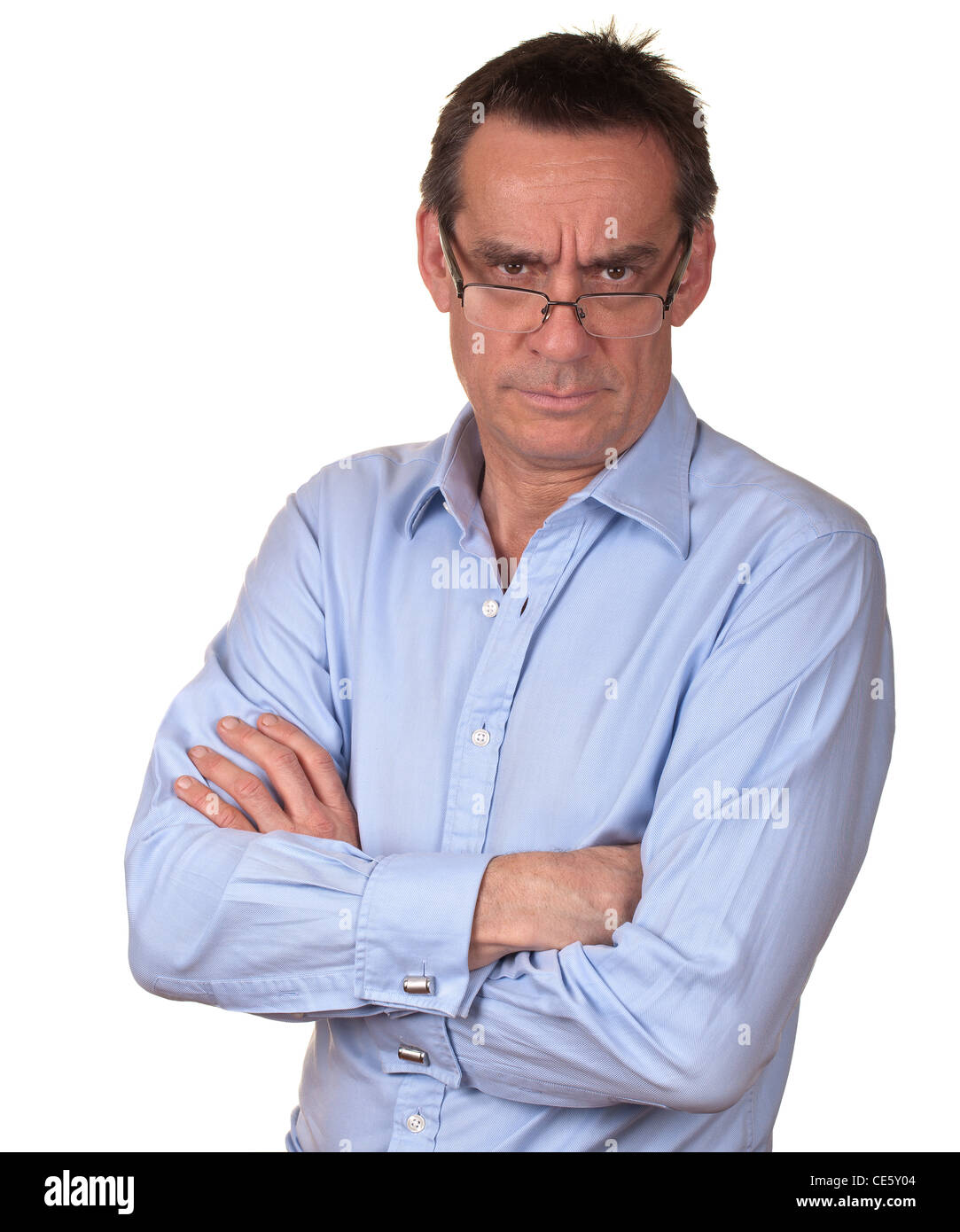 Les sourcils en colère l'âge moyen de l'homme chemise bleu Banque D'Images