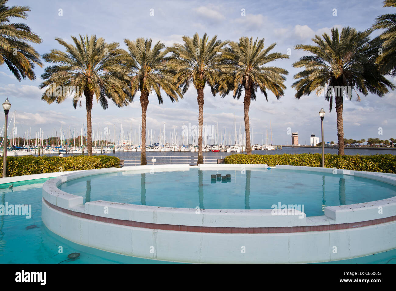 Le centre-ville de Saint Petersburg en Floride - Fontaine et de palmiers donnant sur la Marina Banque D'Images