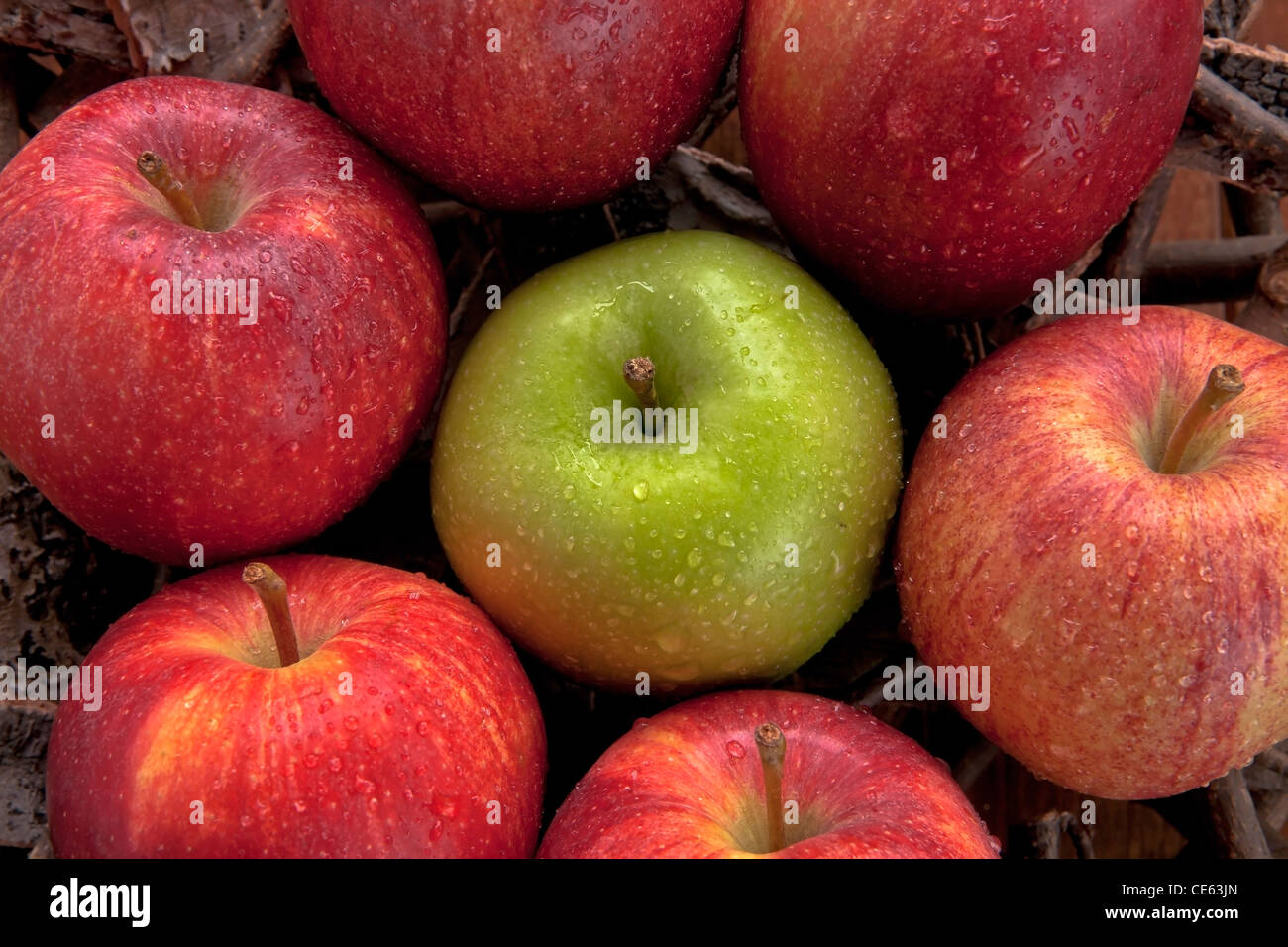 Pommes rouges avec une pomme verte Banque D'Images