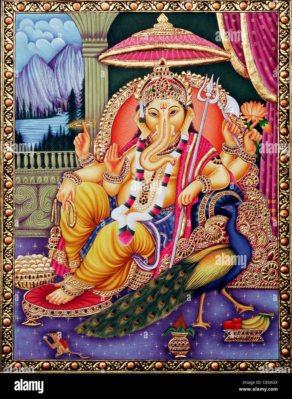 Le Dieu Ganesh ganpati assis sur trône peinture sur papier Banque D'Images