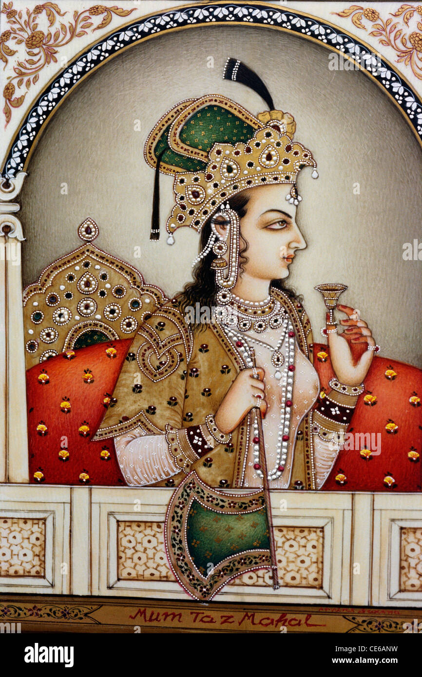 Mughal princesse Mumtaz Mahal trône assis sipping vin miniature peinture Banque D'Images