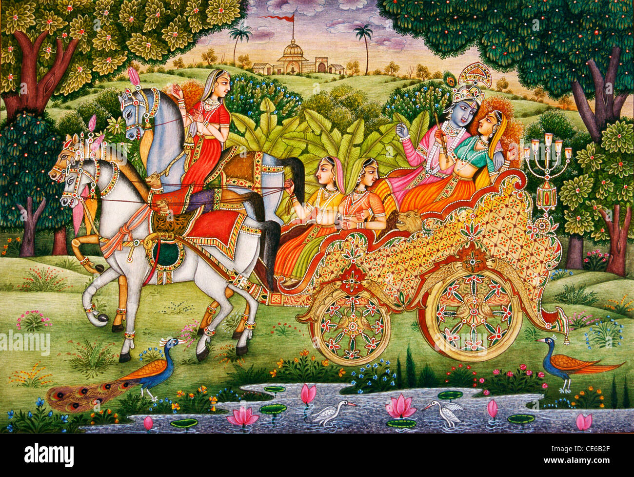 Le Seigneur Krishna avec Radha cheval miniature char peinture sur papier Banque D'Images
