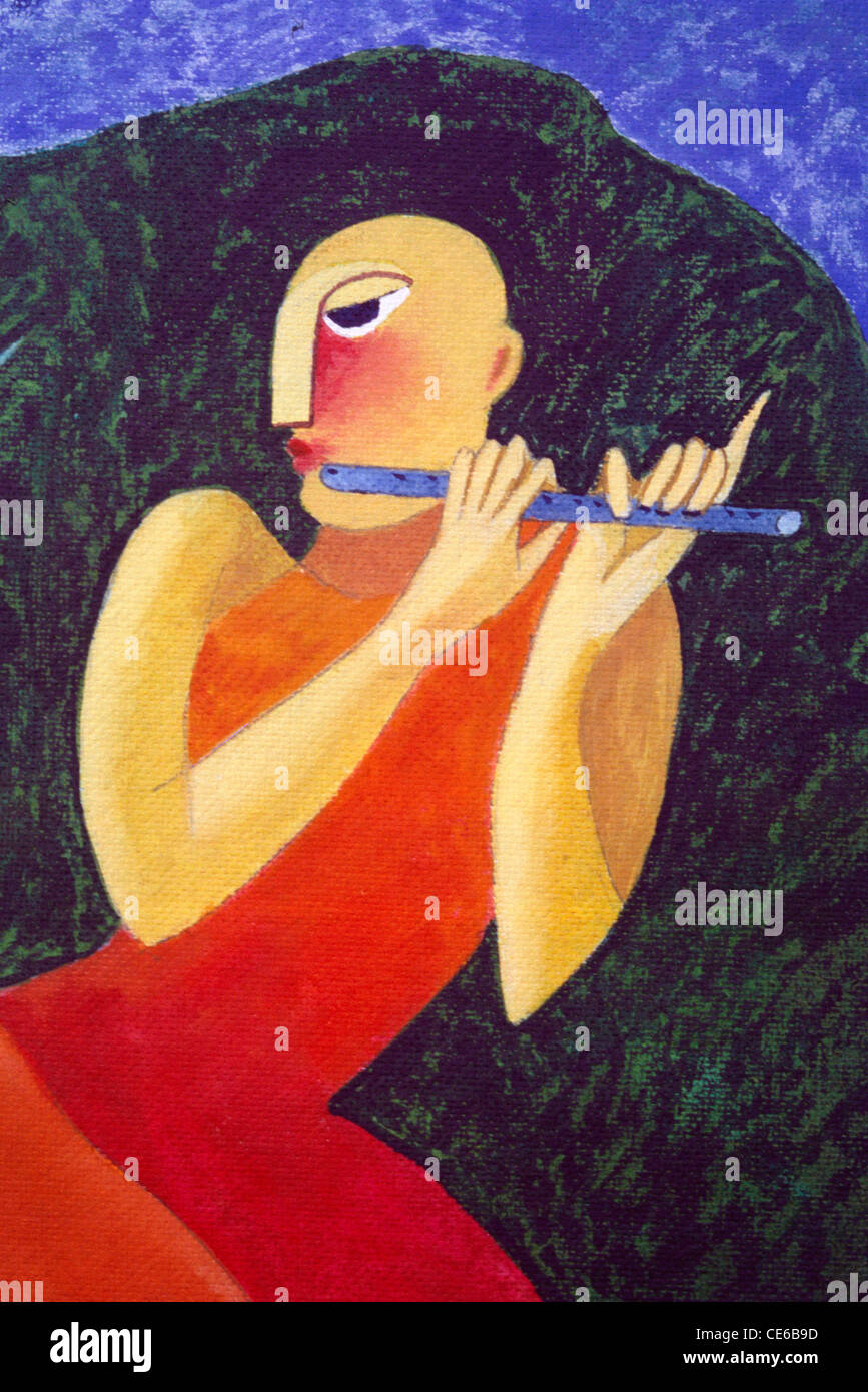 Homme jouant de flûte à vent ; aquarelle ; peinture ; aquarelles ; peintures ; art ; art ; dessin ; croquis ; illustration ; inde Banque D'Images