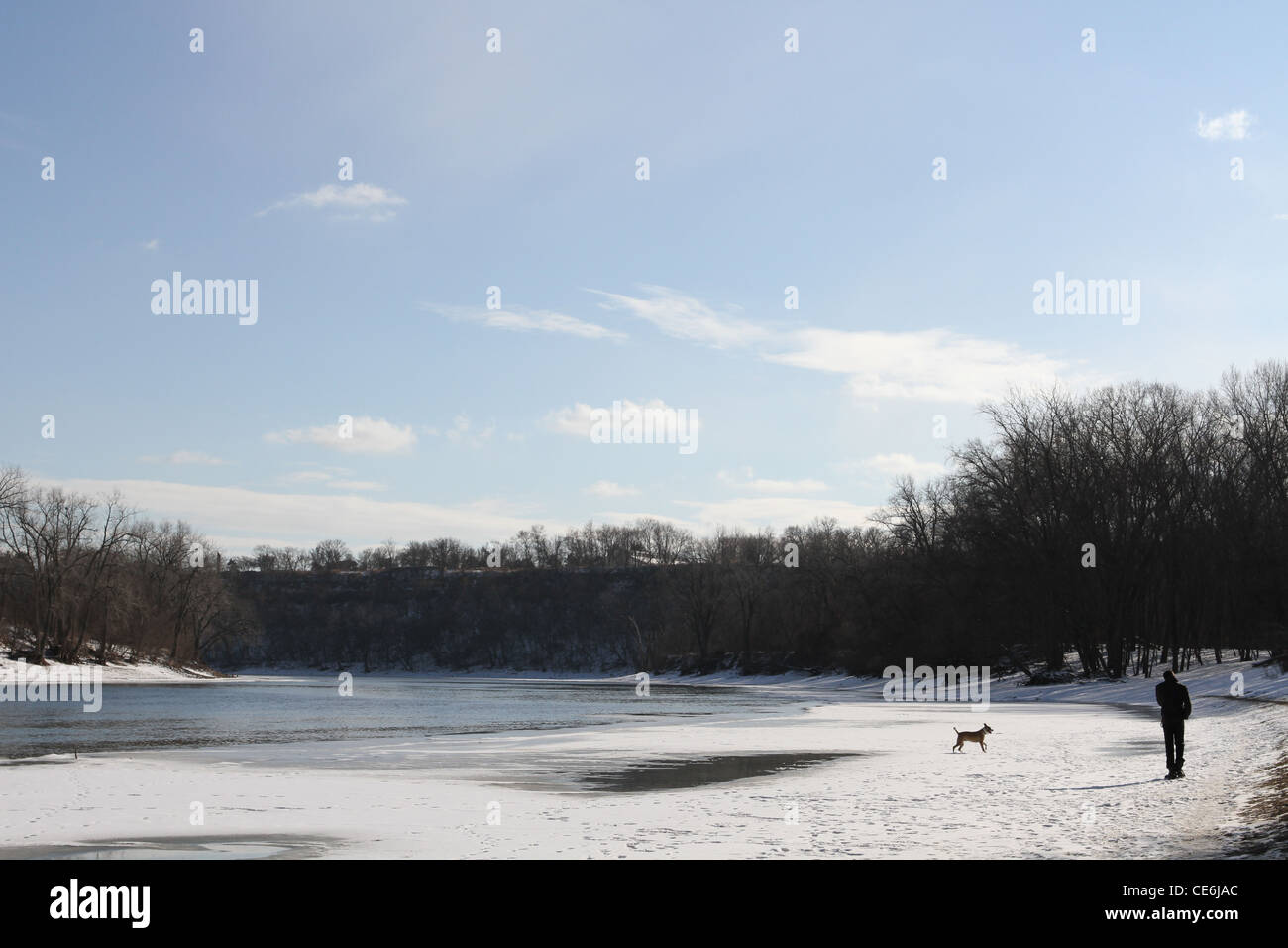 Un homme et un chien autour de l'eau congelée. Banque D'Images