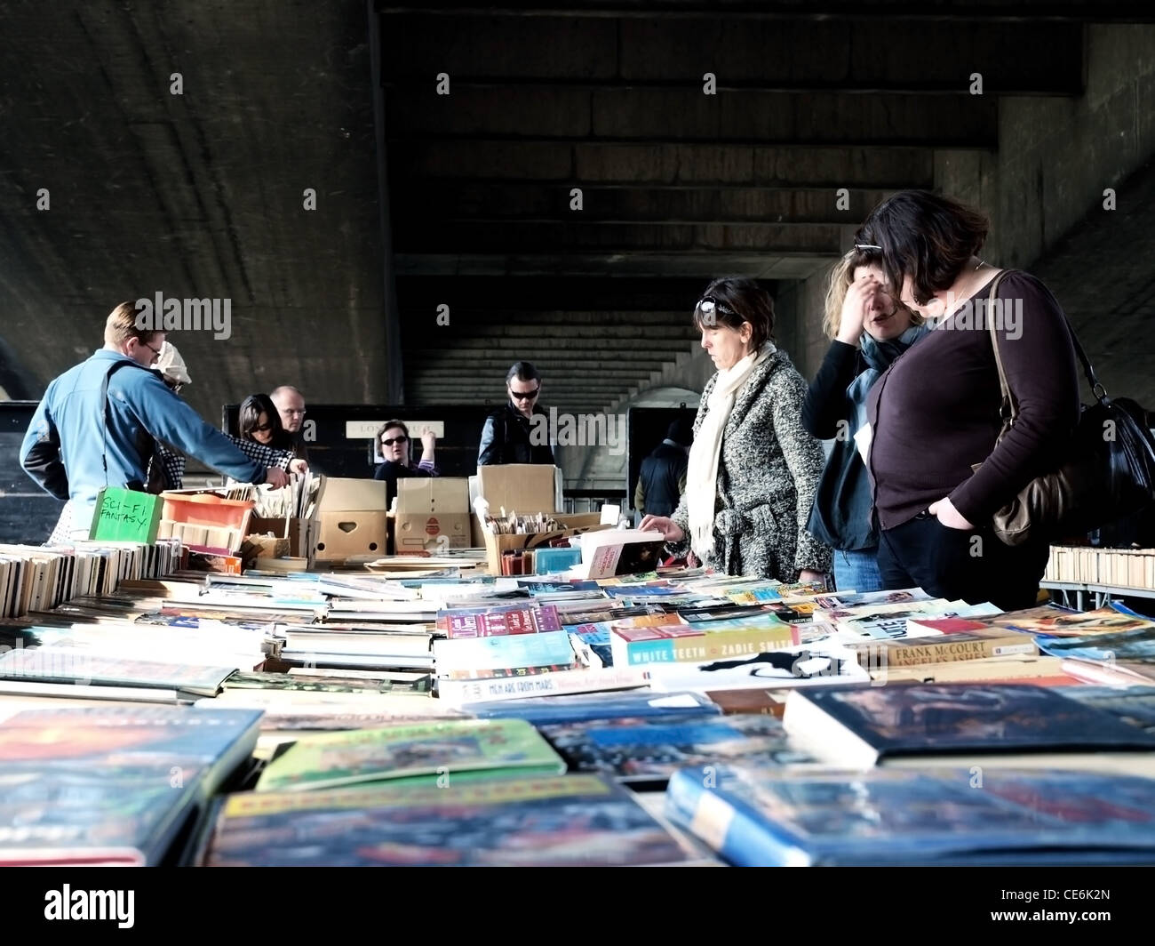 Les gens parcourir les livres de seconde main à la Waterloo Bridge du marché du livre Banque D'Images
